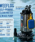 Beastly 1.6HP Submersible Sump Pump With Automatic Float Switch shown in water with technical specifications listed