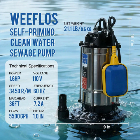 Beastly 1.6HP Submersible Sump Pump With Automatic Float Switch shown in water with technical specifications listed