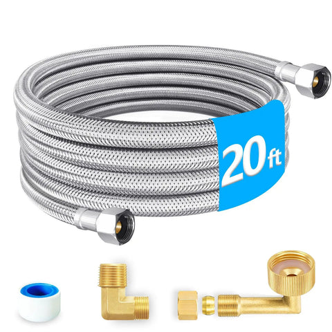20 Ft Premium Stainless Steel Braided Dishwasher Hose Kit with Food Grade PEX Inner Tube and 3/8 Inch MIP Elbow Fittings