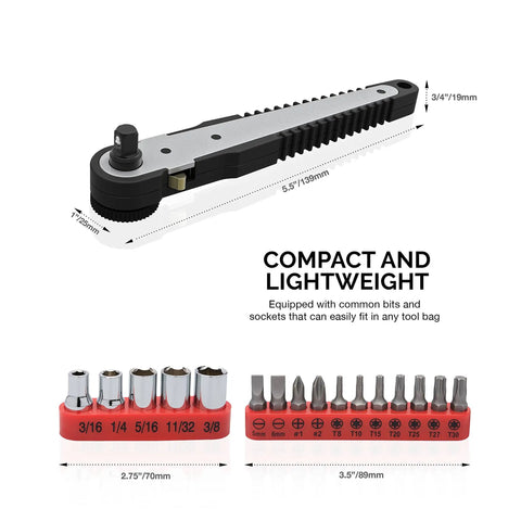 Right Angle Mini Ratchet Wrench With 1 Quarter Inch Dual Drive Head Bits And Socket Set 17 Piece CRV Steel Tool Kit for tight spots