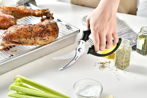 Heavy Duty Poultry Shears Kitchen Scissors For Cutting Chicken And Meat With Spring Loaded Handles, Multipurpose Tool To Butterfly Whole Poultry, Trim Fat, Slice Raw Meat, Chop Herbs, And Cut Veggies With Minimal Hand Strain Like A Boss. Spring-loaded stainless steel shears cutting roasted chicken