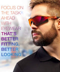 Man wearing Reevo Safety Glasses With Red Mirror Lens UV U6 And Impact Rated ANSI Z87.1 Wraparound Shield for job site protection