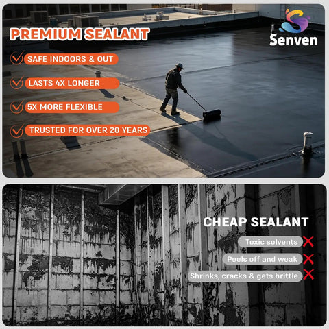Person applying Rock-Solid Heavy-Duty Foundation Sealant Workhorse And Rubber Silicone Waterproof Sealant For Basement Leak Repair on flat roof.