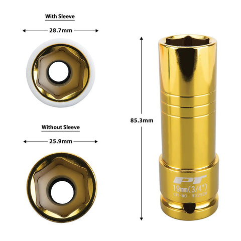 Half Inch Impact Drive Thin Wall Socket 19mm And Three Quarter Inch Gold Finish Built Tough With Chrome Molybdenum Sleeve and Sizes