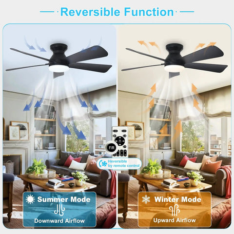 Cool 42 Inch Black Ceiling Fan With Light For Indoor And Outdoor Use Dimmable LED Remote Control Flush Mount Low Profile Design 6 Speeds Timer Reversible Black Blades For Modern Rooms