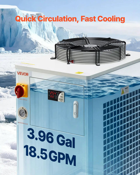 Heavy Duty Water Chiller Keeps Your CO2 Laser Chill And Running Smooth With 17060 Btu Cooling Power and a 3.96 Gal tank.