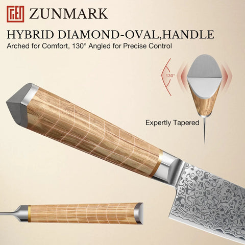 Close-up of Eight Inch Damascus Steel Chef Knife With A Smooth Olive Wood Handle And Razor Sharp 10Cr15CoMoV Core, showcasing hybrid diamond-oval handle.