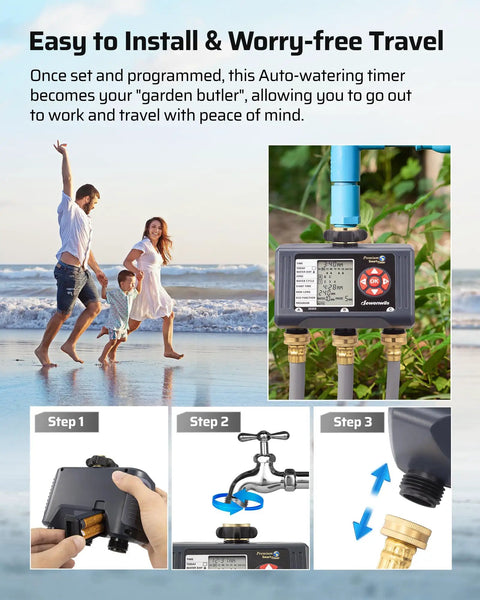 Three Zone Sprinkler Timer With Four Programmable Programs for hose faucet watering, installation steps shown in outdoor guide