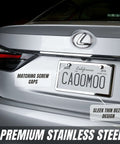 Stainless Steel License Plate Frame Set With Chrome Screw Caps Slim 2 Hole Design Rustproof Mirror Silver Finish on car