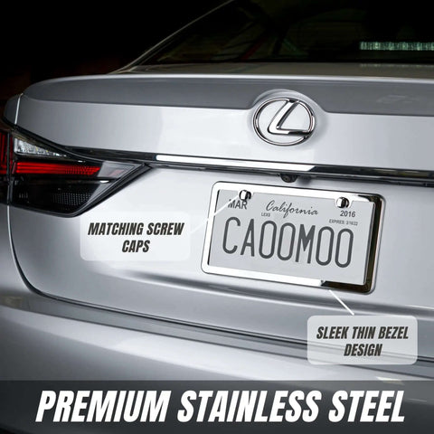 Stainless Steel License Plate Frame Set With Chrome Screw Caps Slim 2 Hole Design Rustproof Mirror Silver Finish on car