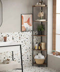Five Tier Corner Shelving Unit Super Sturdy Storage Rack, 65 inches tall, wooden shelves, ideal for bathroom organization.