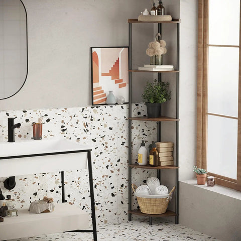 Five Tier Corner Shelving Unit Super Sturdy Storage Rack, 65 inches tall, wooden shelves, ideal for bathroom organization.