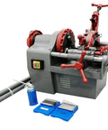 Heavy Duty Electric Pipe Threader Machine 110V with red handles and accessories, ideal for 1/2 to 2 inch NPT pipe threads.