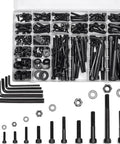 434 Piece Metric Bolt Kit With M5 M6 M8 M10 M12 Screws Nuts Washers And Hex Socket Head Cap Screws Grade 12.9 Steel Cylindrical Heads Includes 12 To 100mm Lengths For DIY Auto Shop And Machinery Projects displayed in a storage box with various fasteners.