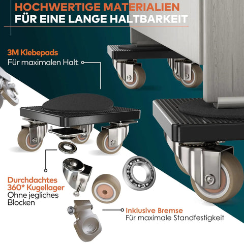 Premium Heavy Duty Furniture Mover Set With Locking Castors showing 360-degree ball bearing wheels and EVA pads for safe gliding.