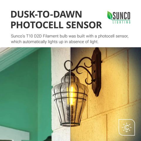 Outdoor wall lantern with Six Pack Dusk To Dawn T10 Tubular LED Filament Bulbs emitting light in dim conditions.