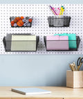 Pegboard Baskets Set Four Large Steel Wire Baskets For Garage And Workshop Organization mounted with tools and notebooks