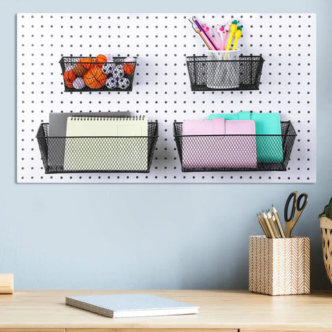 Pegboard Baskets Set Four Large Steel Wire Baskets For Garage And Workshop Organization mounted with tools and notebooks