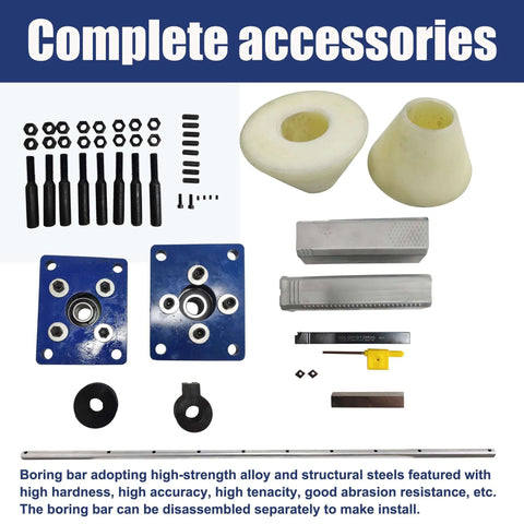 Front view of line boring machine accessories kit: blue bearing blocks, 1600mm boring bar, bushings, fasteners.