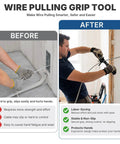 Before and after comparison of Heavy Duty Metal Fish Tape And Mule Tape Wire Puller featuring secure grip tool for easier wire pulling.