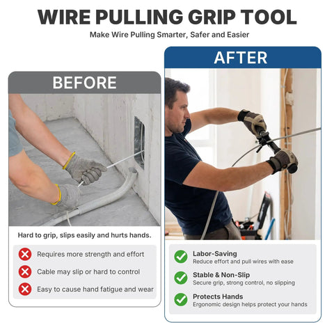 Before and after comparison of Heavy Duty Metal Fish Tape And Mule Tape Wire Puller featuring secure grip tool for easier wire pulling.