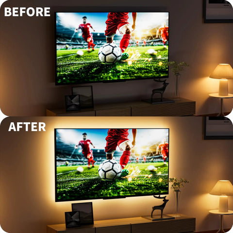 Before and after view with Dotless USB Powered LED Strip Lights 5V Dimmable 3000K Warm White 6.56ft TV Backlight