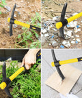 Four scenes showing Three Pack 15 Inch Garden Pick Axes with Fiberglass Handles, used in various outdoor activities like gardening and breaking ground.