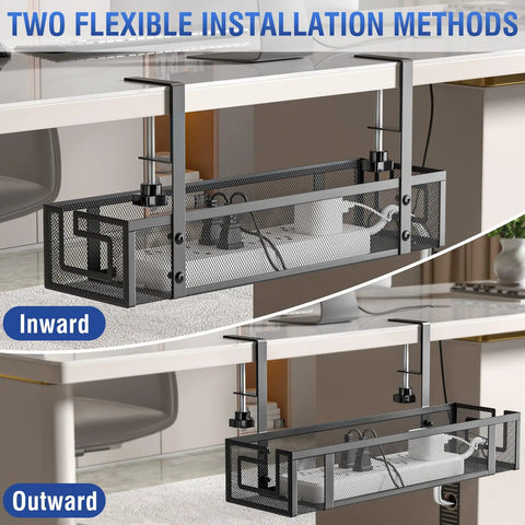 Under Desk Cable Tray With No Drill Installation, 15.75 Inch Heavy Duty Metal Cord Organizer shown with two mounting options, inward and outward