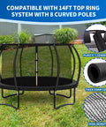 Kick Your Backyard Fun Up A Notch With This Knockout Replacement Kit Featuring Eight Curved Trampoline Poles And Hella Tough Safety Enclosure Net For Rock Solid Storm Defense - 14ft trampoline with curved poles and safety net in backyard.