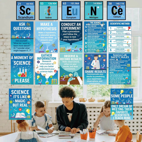 18 Piece Science Posters Classroom Set For Kid Friendly Bulletin Board Decor And Lab Wall Art Includes Science Letters And Periodic Table Posters Fun Educational Poster Prints For Elementary To High School Teacher Supplies displayed in a classroom setting with teacher and students engaged in activities.