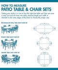 Diagram showing how to measure patio table and chair sets for rectangular, round, and square designs with dimensions guide.