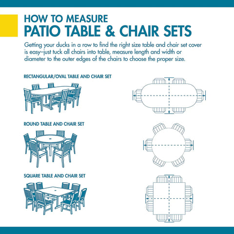 Diagram showing how to measure patio table and chair sets, including rectangular, round, and square configurations with seating.