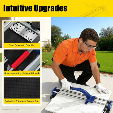 31 Inch Heavy Duty Manual Tile Cutter With Reinforced Tungsten Wheel Cuts Porcelain And Ceramic Floors Straight As An Arrow No Sweat On The Job Site Pro Grade Contractor Tools For Fast Renos in use with clear scale and sponge pad.