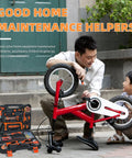 Father and son repairing a bike, open 45 Piece Handy Home Repair Tool Kit For DIY Projects In A Portable Plastic Toolbox nearby