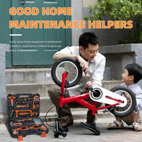 Father and son repairing a bike, open 45 Piece Handy Home Repair Tool Kit For DIY Projects In A Portable Plastic Toolbox nearby
