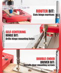 Pro Grade Aluminum Door Hinge Jig Kit for Router, showing router bit, self-centering hinge bit, and double-ended driver bit in use.