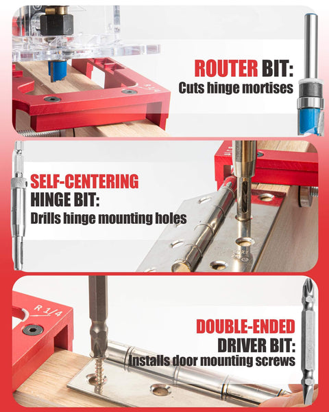 Pro Grade Aluminum Door Hinge Jig Kit for Router, showing router bit, self-centering hinge bit, and double-ended driver bit in use.