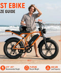 Solid Ride Adult Electric Bike With Upgraded 48V Removable Battery And Dope 1500 Watt Peak Motor Designed To Zip Around Suburbs And Crush Weekend Dirt Routes In Vibrant Orange Hue beside a man showing size guide.