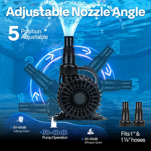 Heavy Duty 120W Submersible Water Pump Delivers 2700 GPH For Koi Ponds with adjustable nozzle and quiet 30-40dB operation.