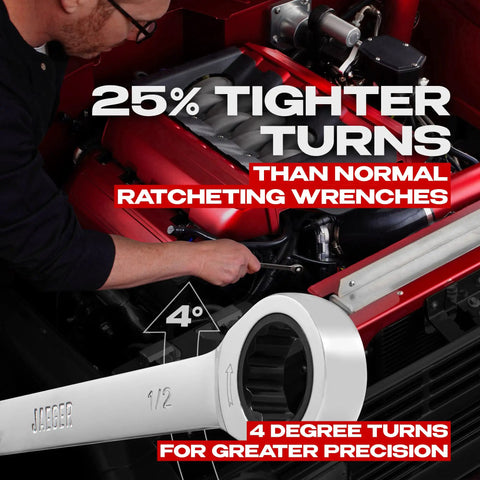 Mechanic using Half Inch Ratchet Wrench With Ninety Tooth Ratcheting Precision And Hardened Polished Steel in engine bay