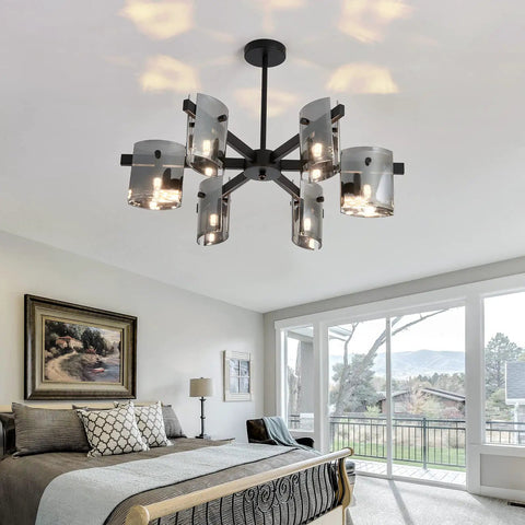 Six Light Black Glass Chandelier Pendant Lighting Mid Century Ceiling Fixture in bedroom with modern decor.