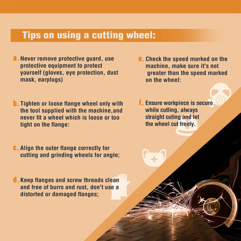 Cut-off wheels tips infographic with orange-peach background and an angle grinder emitting sparks.