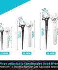 Three Piece Adjustable Spud Wrench Set With 8 Inch 10 Inch And 12 Inch Sizes Black Oxide Finish Hardened CR V Steel SAE And Metric Scale Markings Laser Engraved For Precision Alignment Holes And Tail Crowbar Features visible in comparison layout.