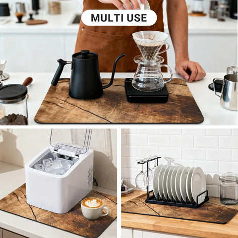 Wood Grain Coffee Counter Mat 20x12 Inch Absorbent Rubber Backed Bar Mat in kitchen with coffee maker, ice maker, and dish rack.