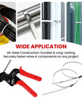 Workhorse Heavy Duty Stainless Steel Cable Tie Gun Set With 150 Self Locking Zip Ties and Cutter Kit showing wide applications
