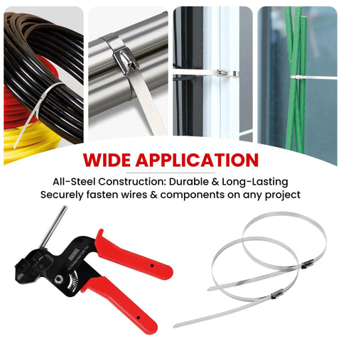 Workhorse Heavy Duty Stainless Steel Cable Tie Gun Set With 150 Self Locking Zip Ties and Cutter Kit showing wide applications