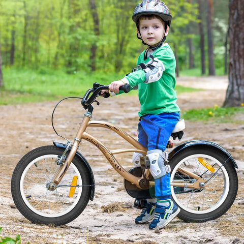 Child riding a bike with Two Pack 18 Inch Kid Bike Tires 18 X 2.125 With Inner Tubes Fits 18 Inch Bicycles BMX MTB in a forest path.