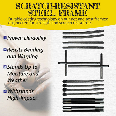 Image showing frame components of the 7x7ft Baseball Practice Net With Strike Zone And Large Pocket Target, highlighting scratch-resistant steel.