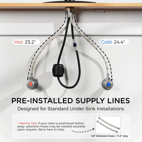 Pre-installed supply lines for Sleek High Arc Kitchen Faucet With Pull Down Sprayer And Slick Brushed Nickel Finish.
