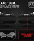 Toyota Tacoma Exterior Front Driver And Passenger Door Handle Set For Front Left And Right Upgraded Metal Textured Black OEM Replacement For 1995 2004 Models Built Tough And Easy Install, OEM upgrade, black metal, side by side view, spring detail